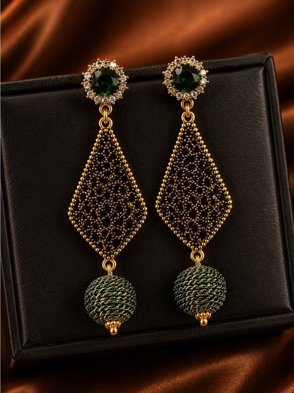 Gold color Filigree Drop Earrings with Deep Green Accents - Picture 6 of 6